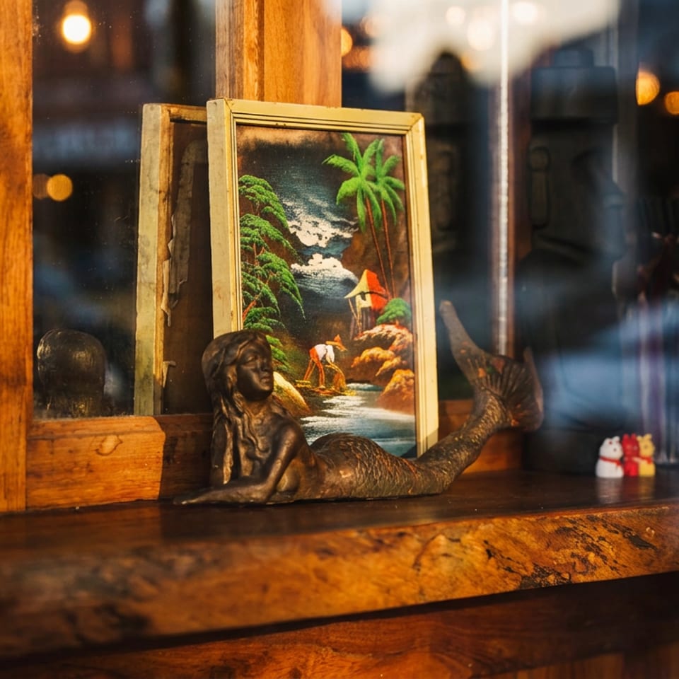 Bronze mermaid statue and tropical painting displayed on a rustic wooden window ledge.