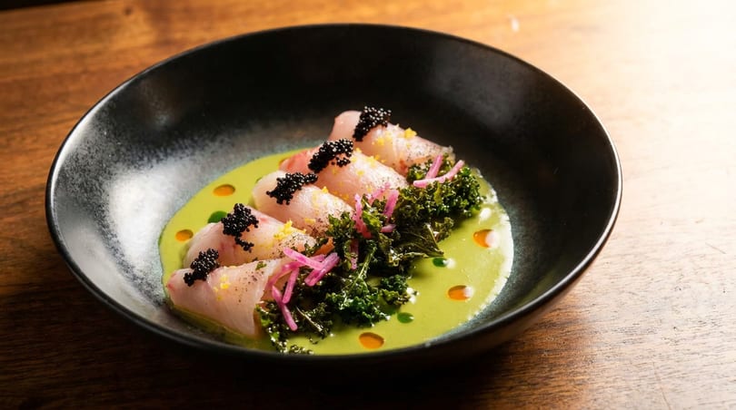 Delicate fish crudo topped with caviar, kale, and pickled onions on a vibrant green sauce.