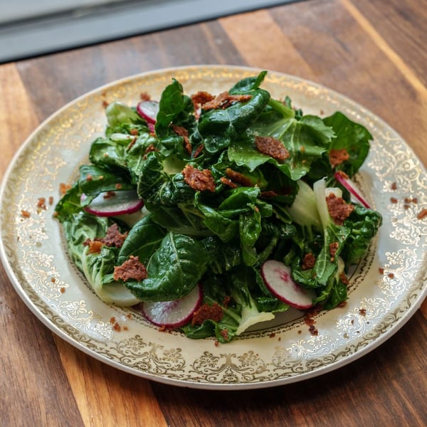Vibrant green salad with sliced radishes and crispy bacon bits on an ornate plate.